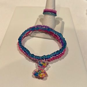 Handmade Beaded Pink, Purple & Blue Gummy Bear Bracelets And Rings Set
